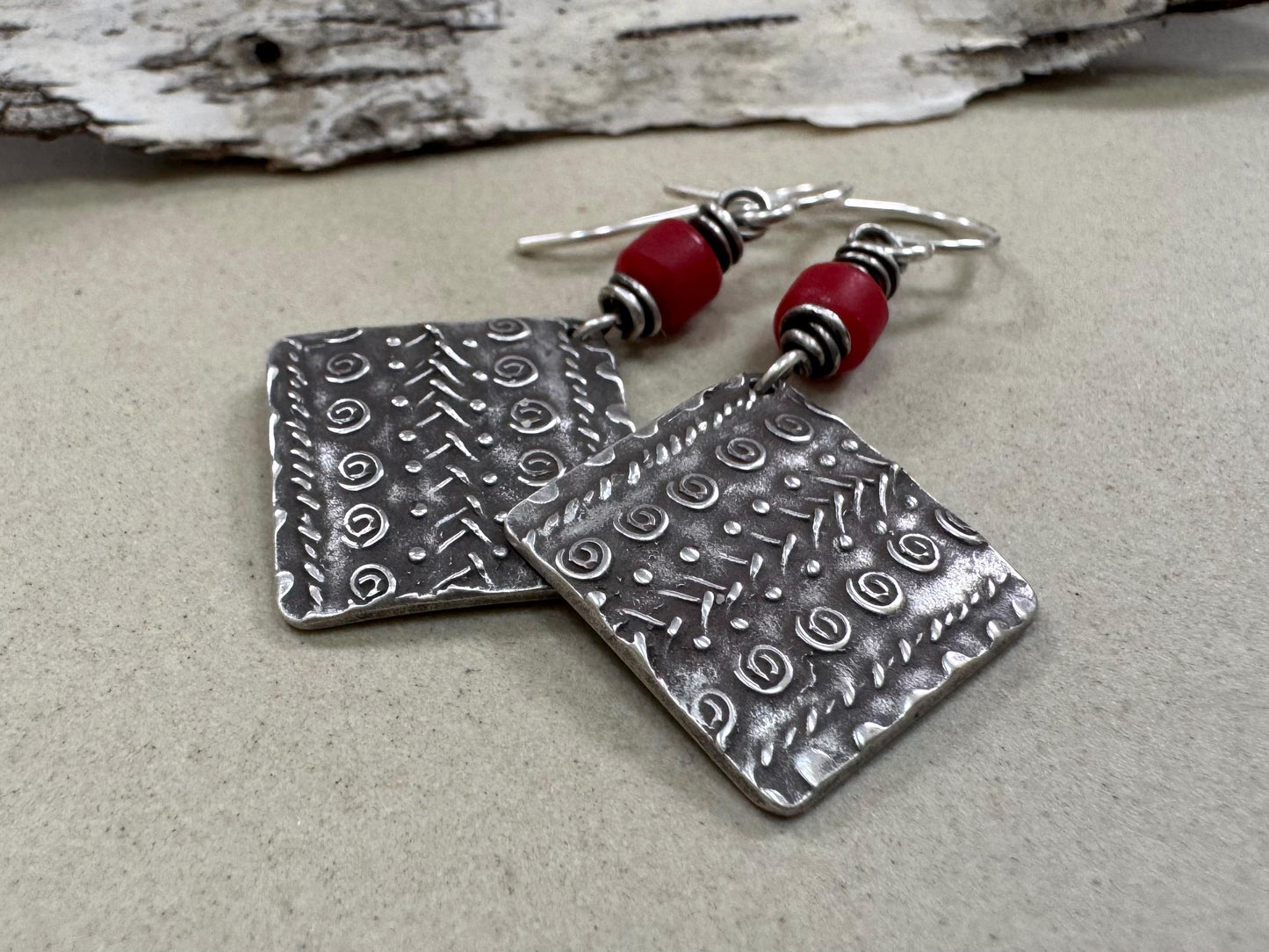 Rustic tribal style dangle earrings with red African trade bead