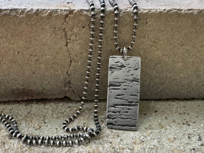 Minimalist silver wood grain dog tag necklace