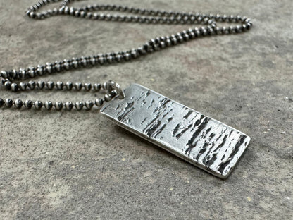Minimalist silver wood grain dog tag necklace