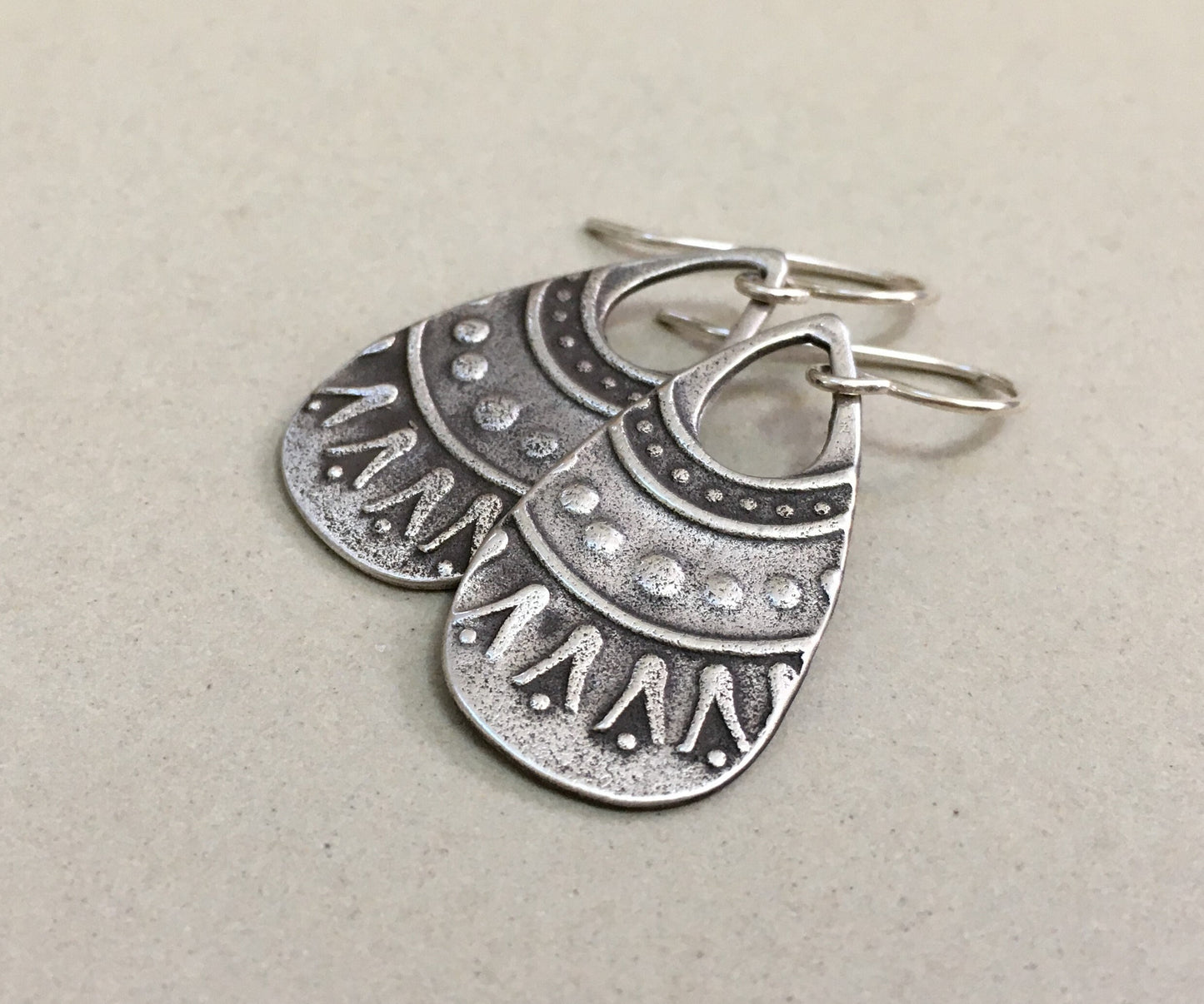 Rustic tribal style silver teardrop earrings