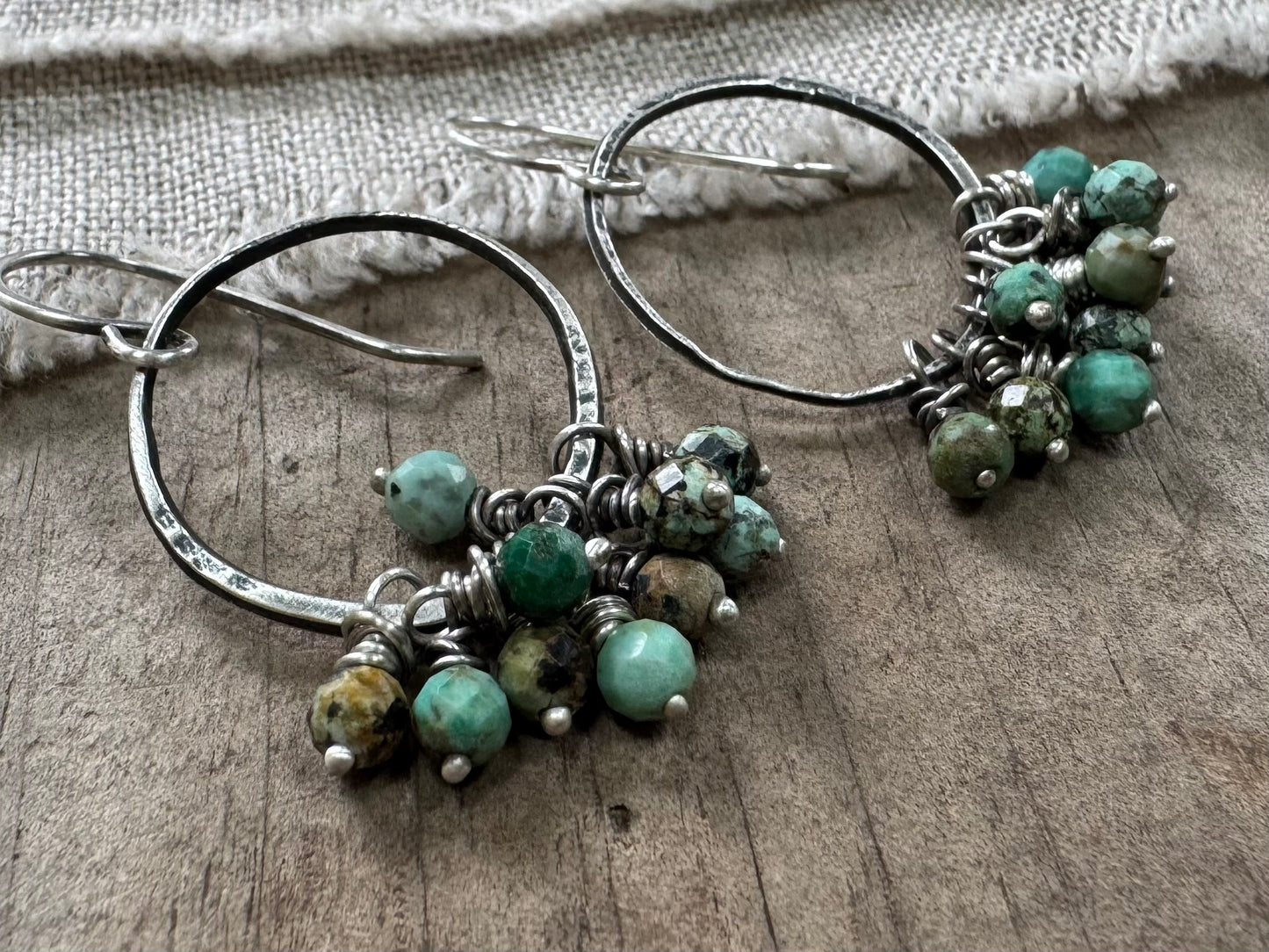 Rustic silver hoops with African turquoise bead cluster