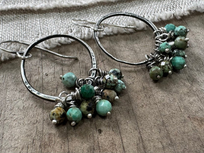Rustic silver hoops with African turquoise bead cluster