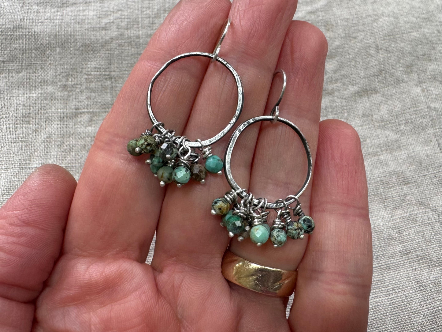 Rustic silver hoops with African turquoise bead cluster