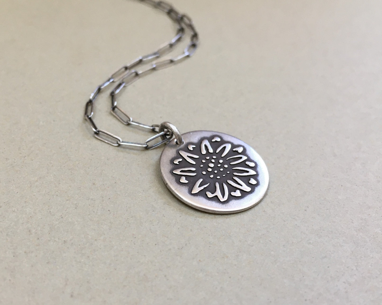 Rustic sunflower necklace in oxidized sterling silver
