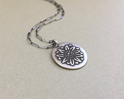 Rustic sunflower necklace in oxidized sterling silver