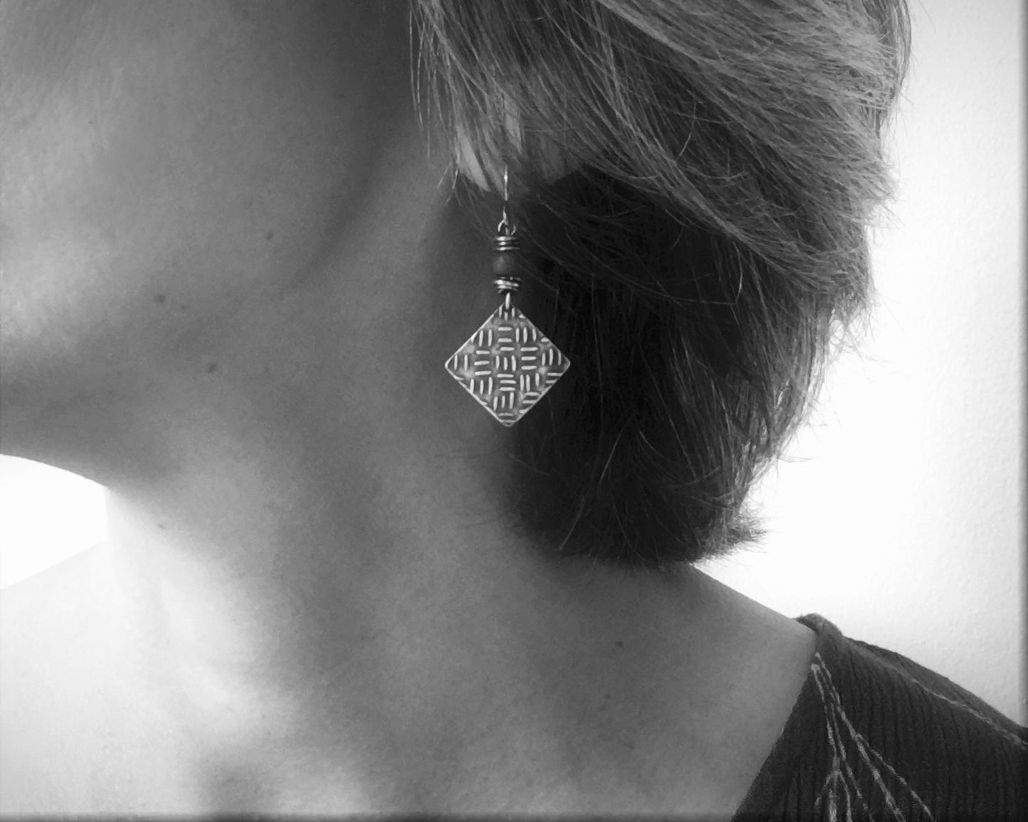 Sashiko cross stitch earrings in oxidized sterling silver with gray Java glass bead