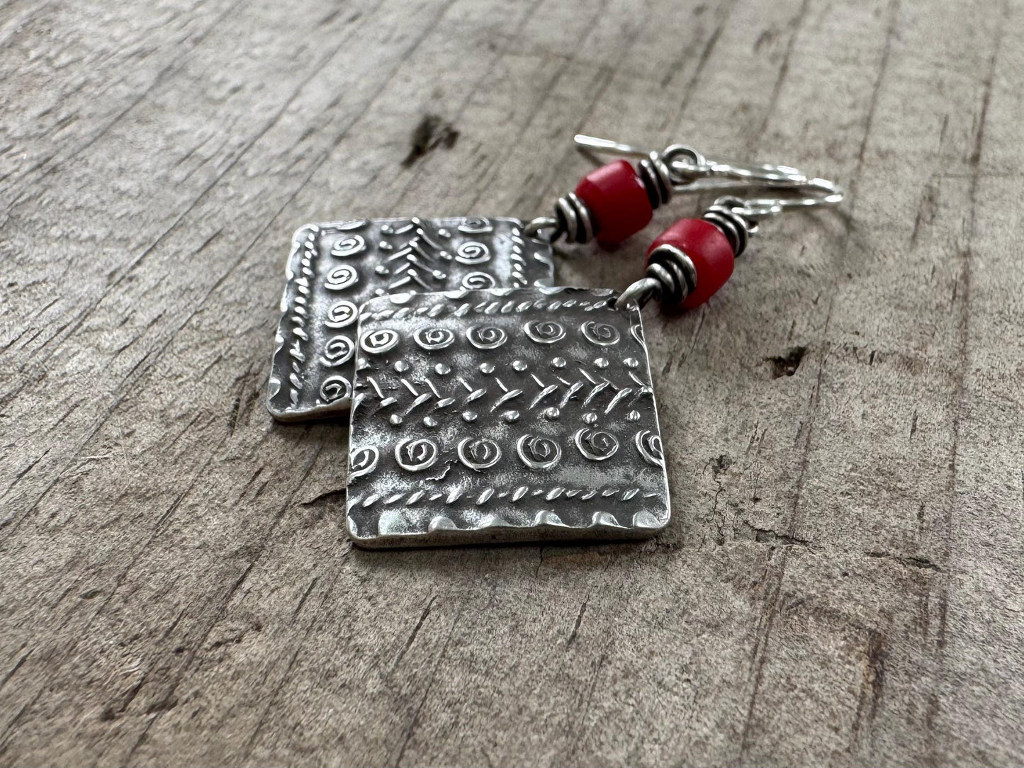 Rustic tribal style dangle earrings with red African trade bead