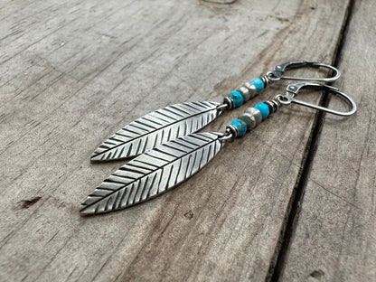 Simple silver feather earrings with bright blue turquoise - pair or single