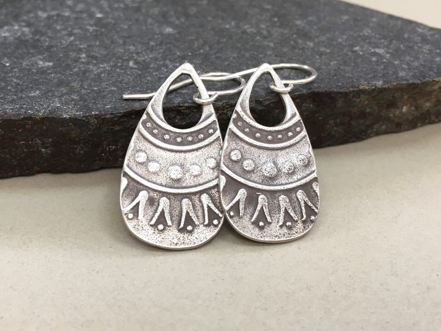 Rustic tribal style silver teardrop earrings