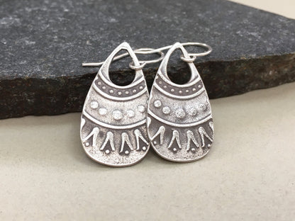 Rustic tribal style silver teardrop earrings