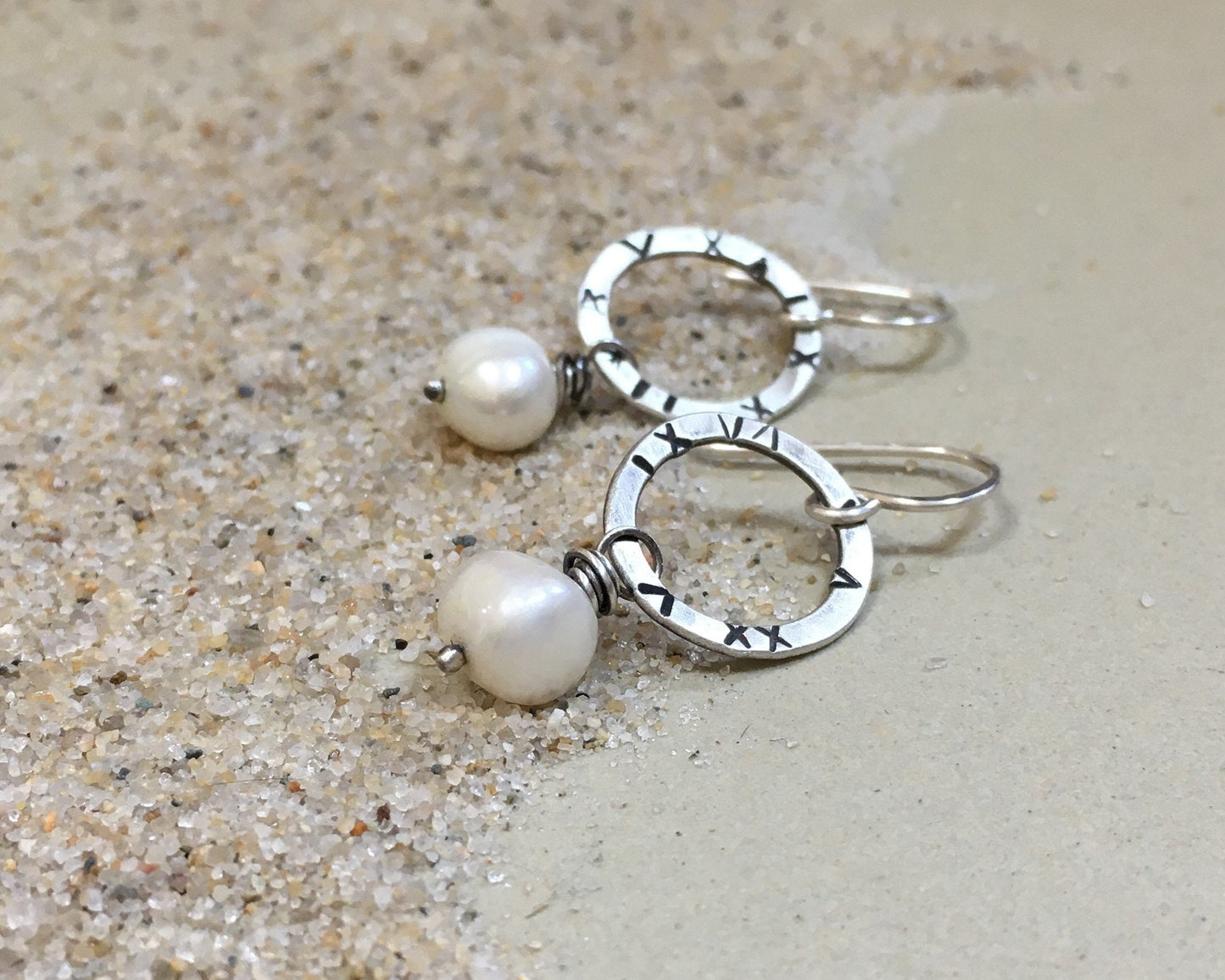 Small textured silver hoops with freshwater pearls