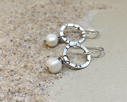 Small textured silver hoops with freshwater pearls