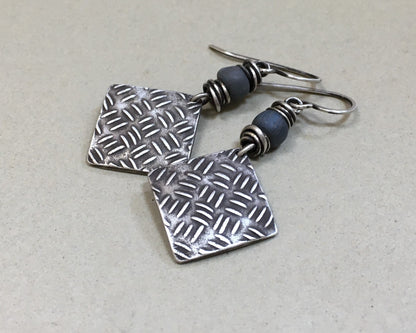 Sashiko cross stitch earrings in oxidized sterling silver with gray Java glass bead