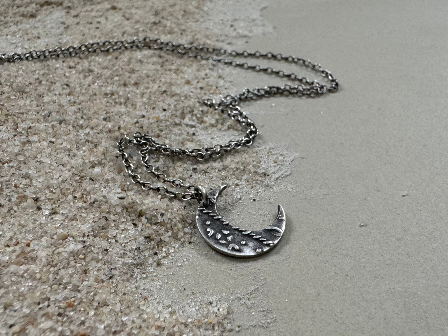 Small silver rustic crescent moon necklace