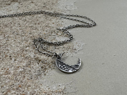 Small silver rustic crescent moon necklace