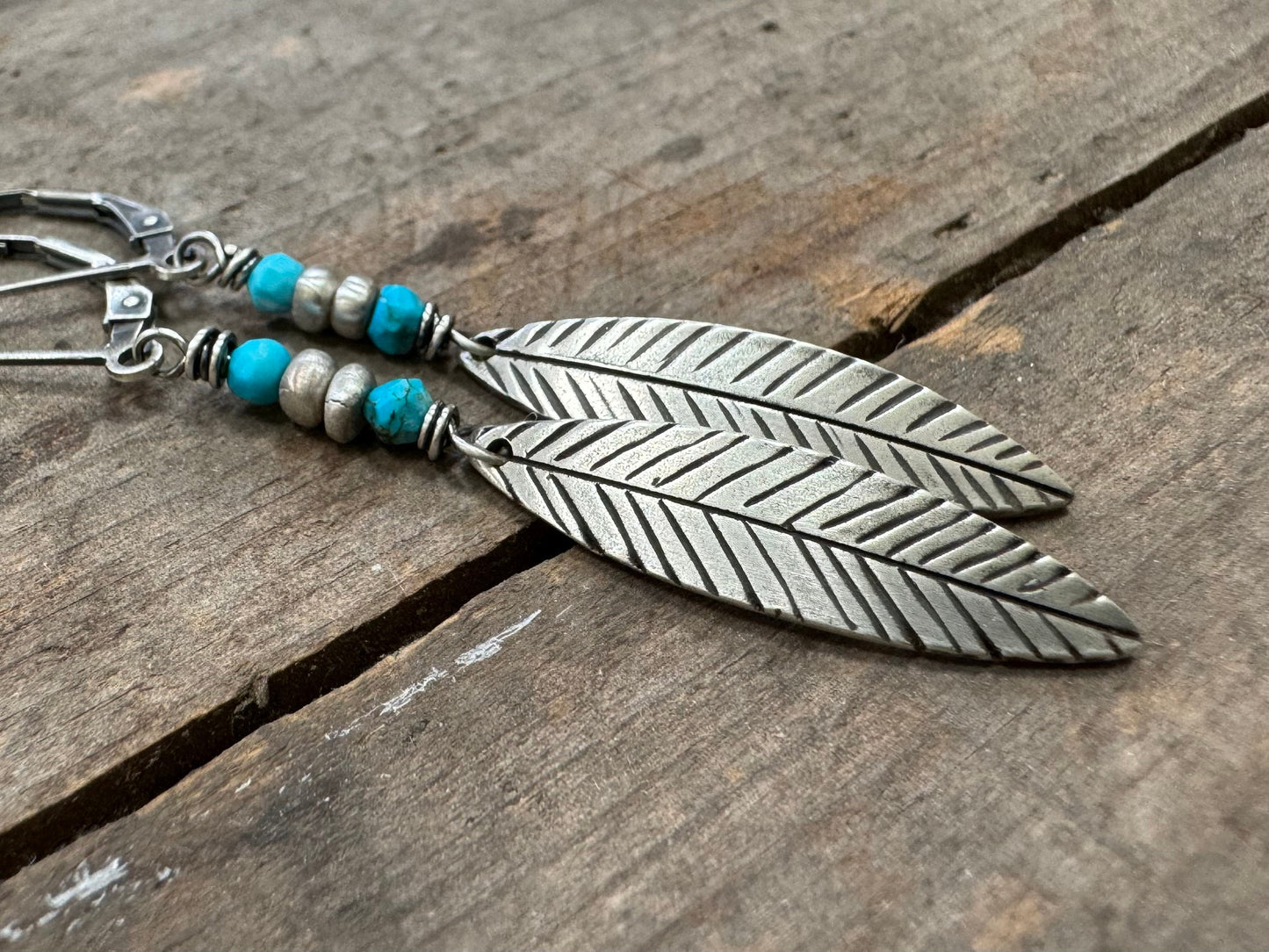 Simple silver feather earrings with bright blue turquoise - pair or single