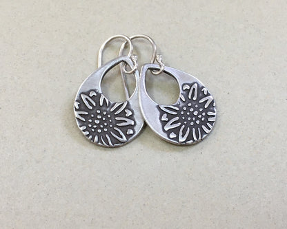 Silver teardrop earrings with sunflower design