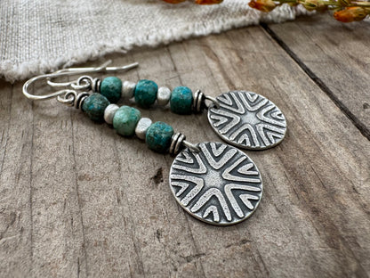 Tribal-style geometric design with turquoise bead stack