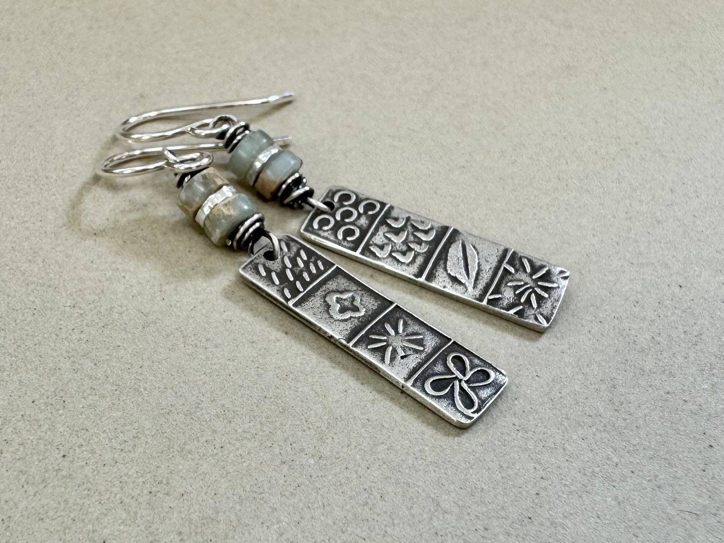 Silver quilt panel earrings with ocean jasper beads
