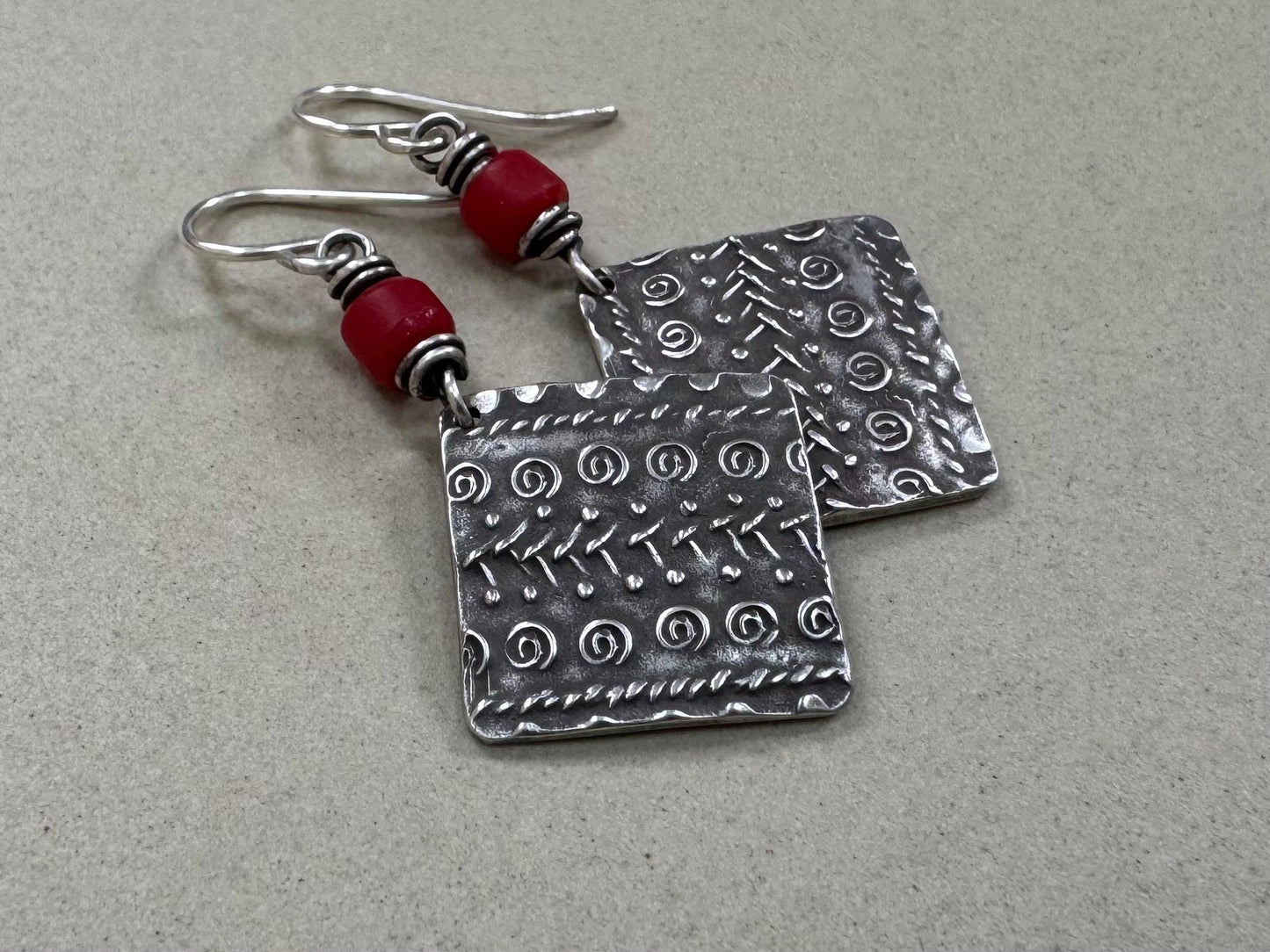 Rustic tribal style dangle earrings with red African trade bead