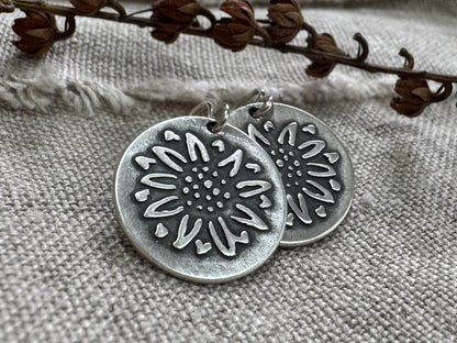 Rustic sunflower earrings in oxidized sterling silver