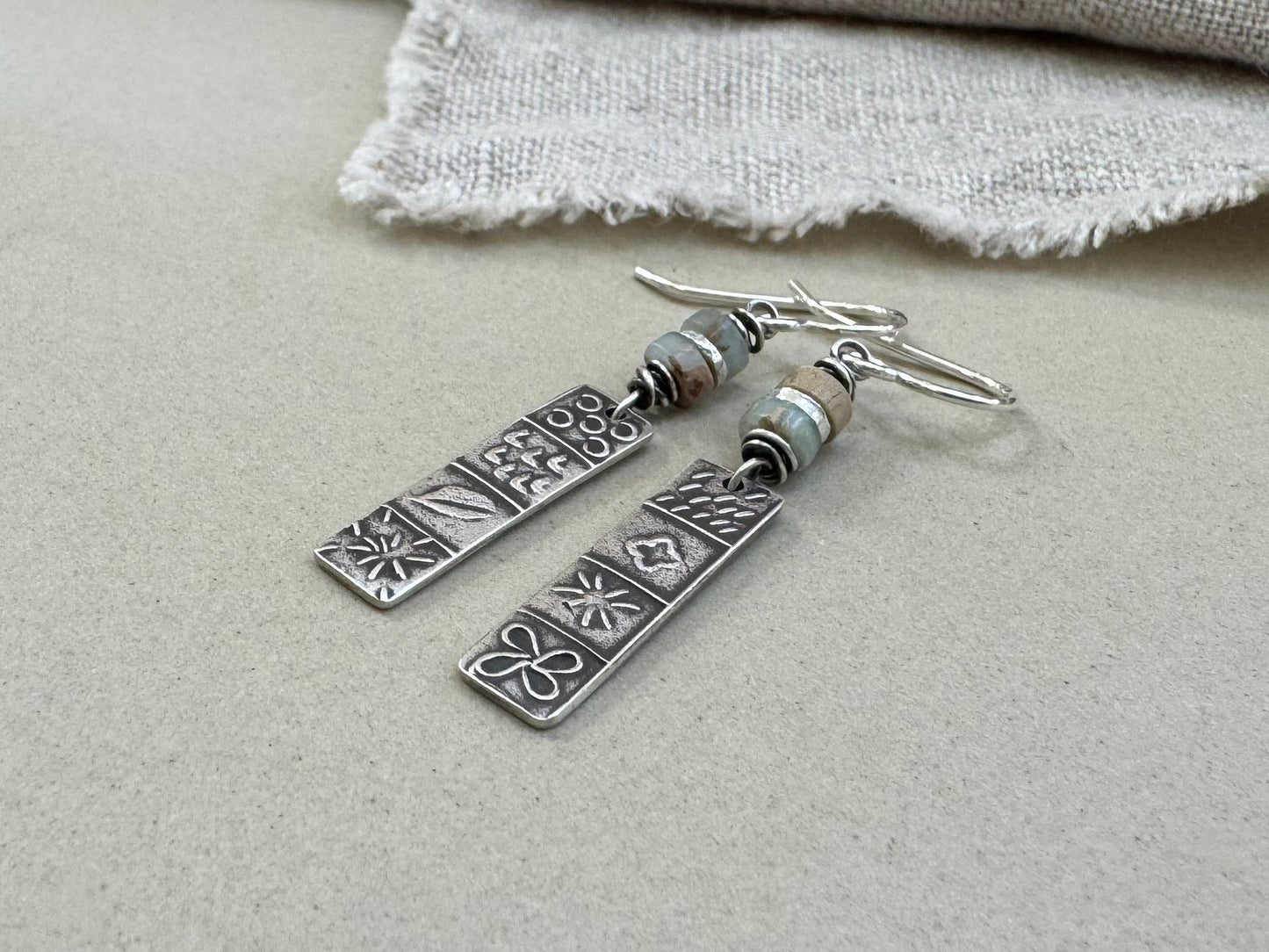 Silver quilt panel earrings with ocean jasper beads