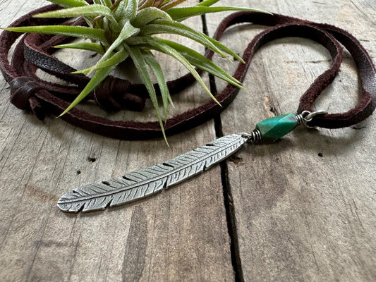 Tribal style silver feather necklace with turquoise on leather or chain