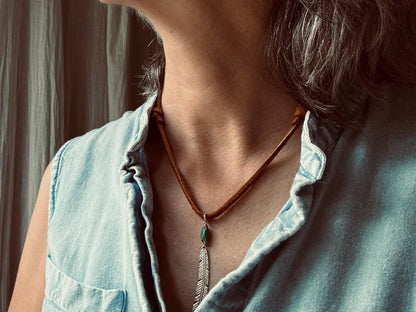 Tribal style silver feather necklace with turquoise on leather or chain
