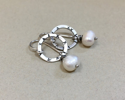 Small textured silver hoops with freshwater pearls