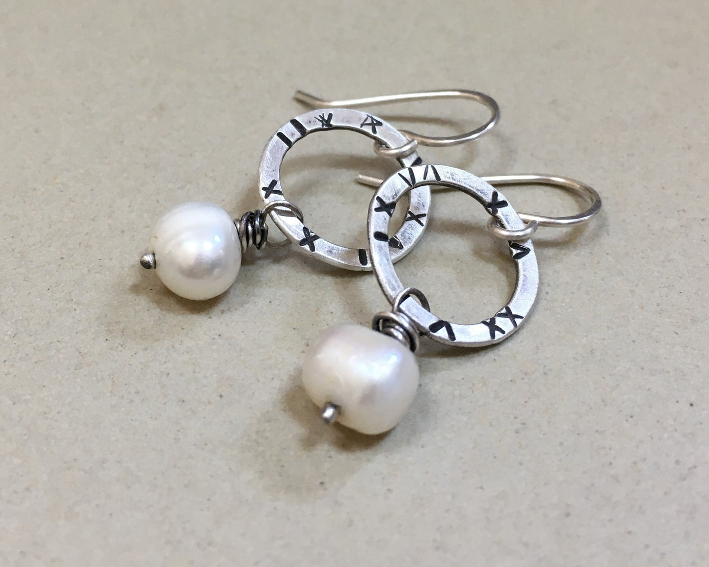 Small textured silver hoops with freshwater pearls