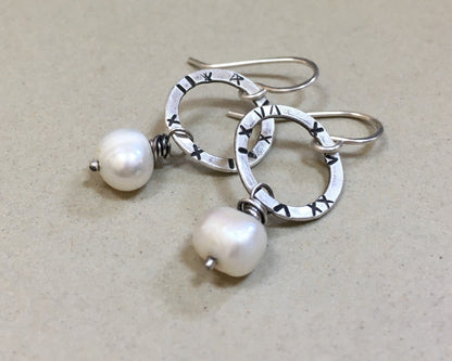 Small textured silver hoops with freshwater pearls