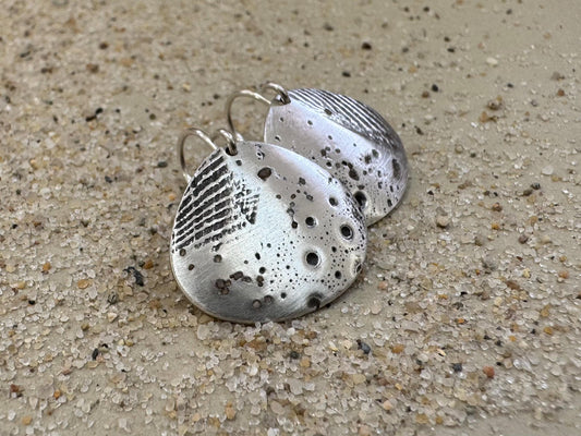 Silver seashell "fossil" and sand impression earrings