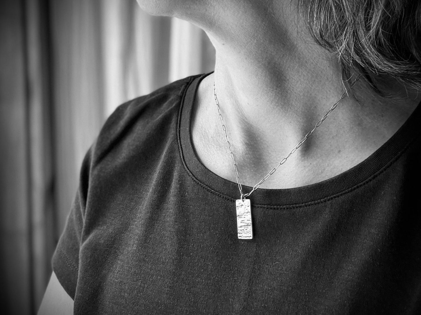 Minimalist silver wood grain dog tag necklace
