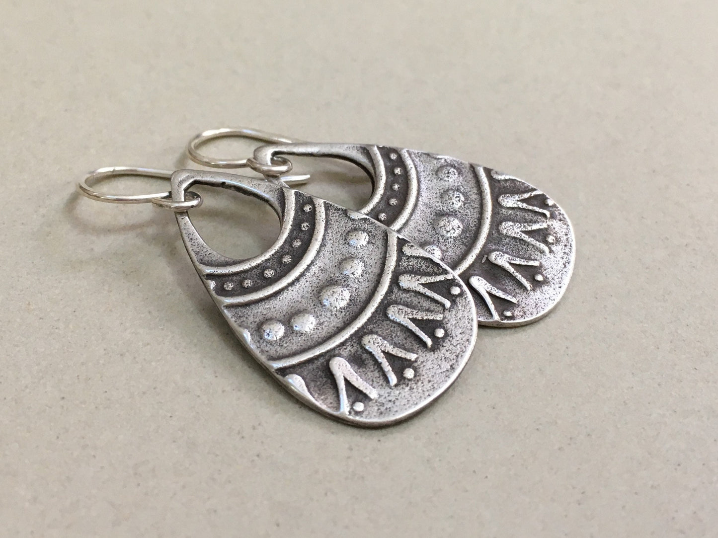 Rustic tribal style silver teardrop earrings