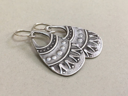 Rustic tribal style silver teardrop earrings