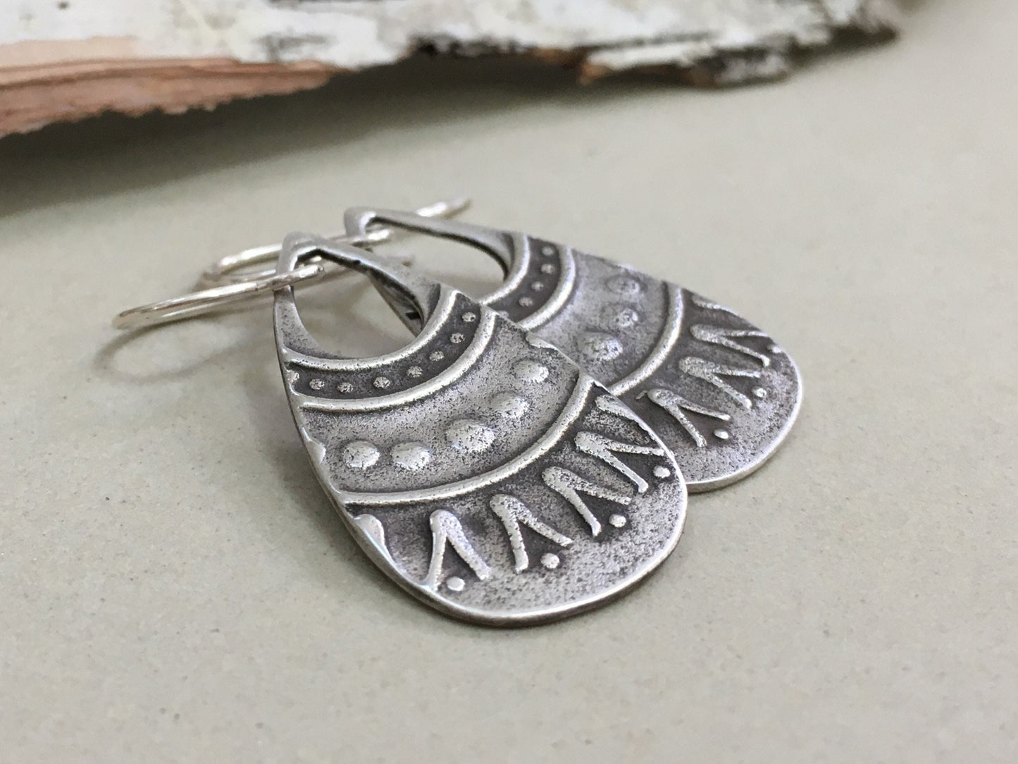 Rustic tribal style silver teardrop earrings