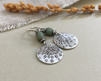Silver starburst sashiko stitch earrings with seafoam green Java glass