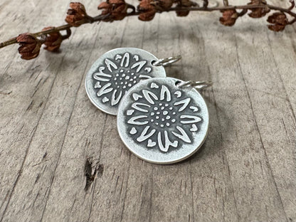 Rustic sunflower earrings in oxidized sterling silver