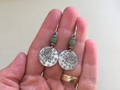 Silver starburst sashiko stitch earrings with seafoam green Java glass