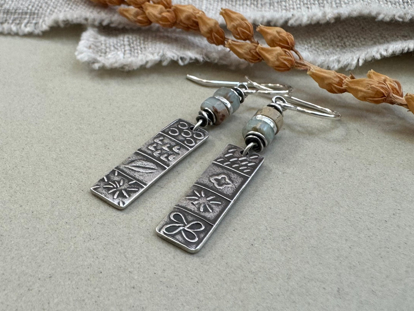 Silver quilt panel earrings with ocean jasper beads