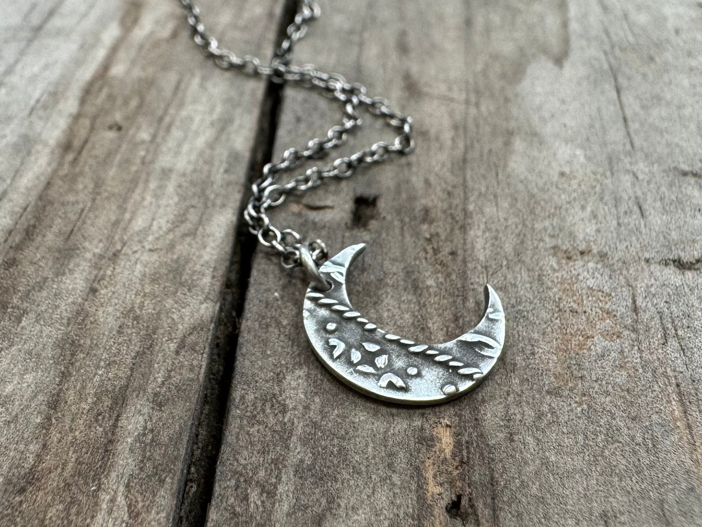Small silver rustic crescent moon necklace