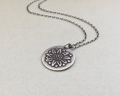 Rustic sunflower necklace in oxidized sterling silver