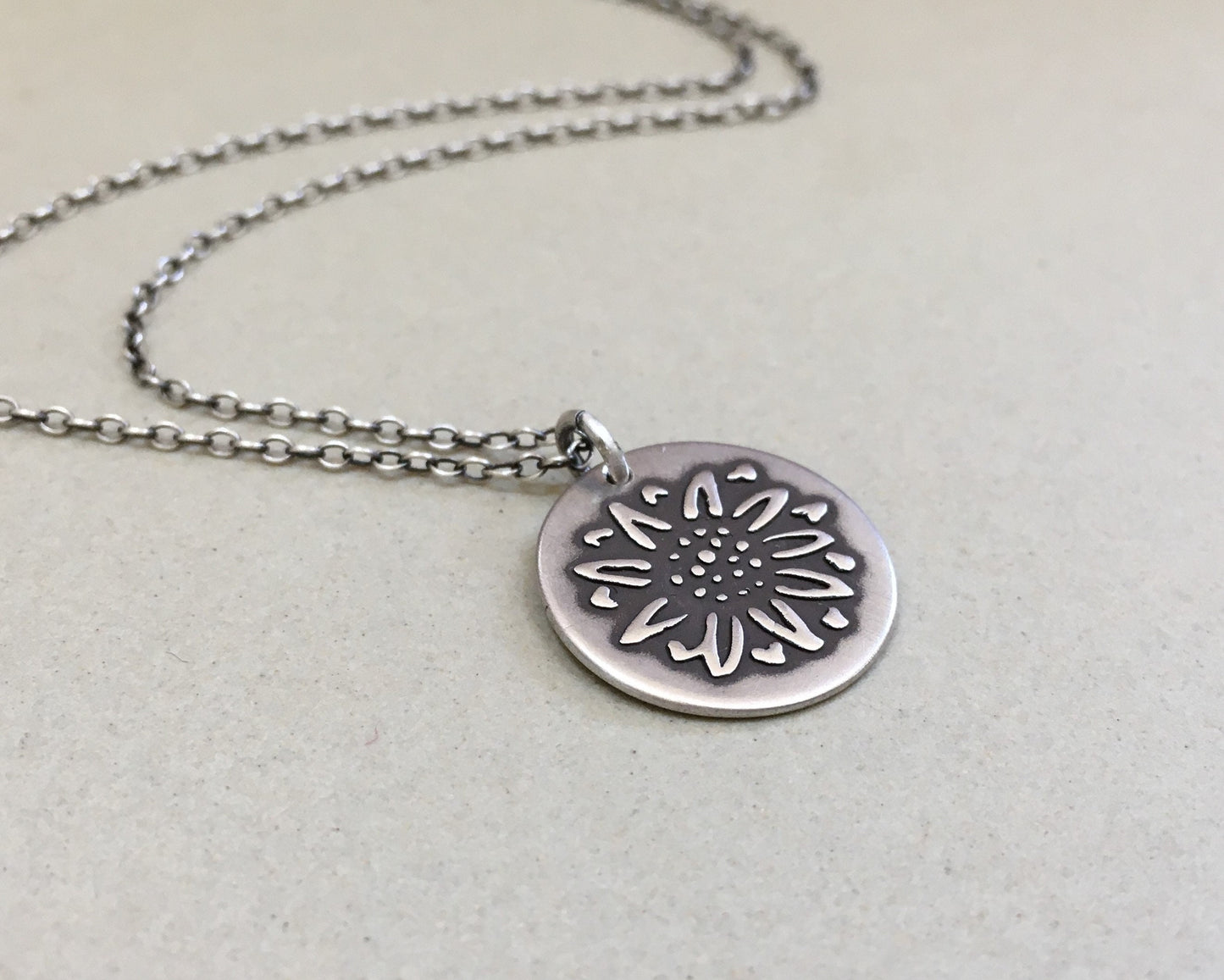 Rustic sunflower necklace in oxidized sterling silver