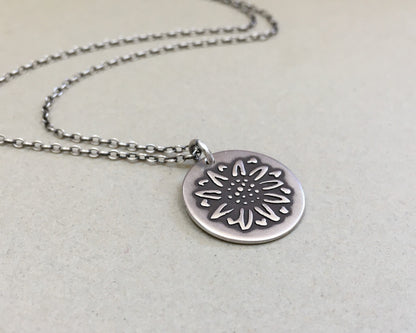 Rustic sunflower necklace in oxidized sterling silver