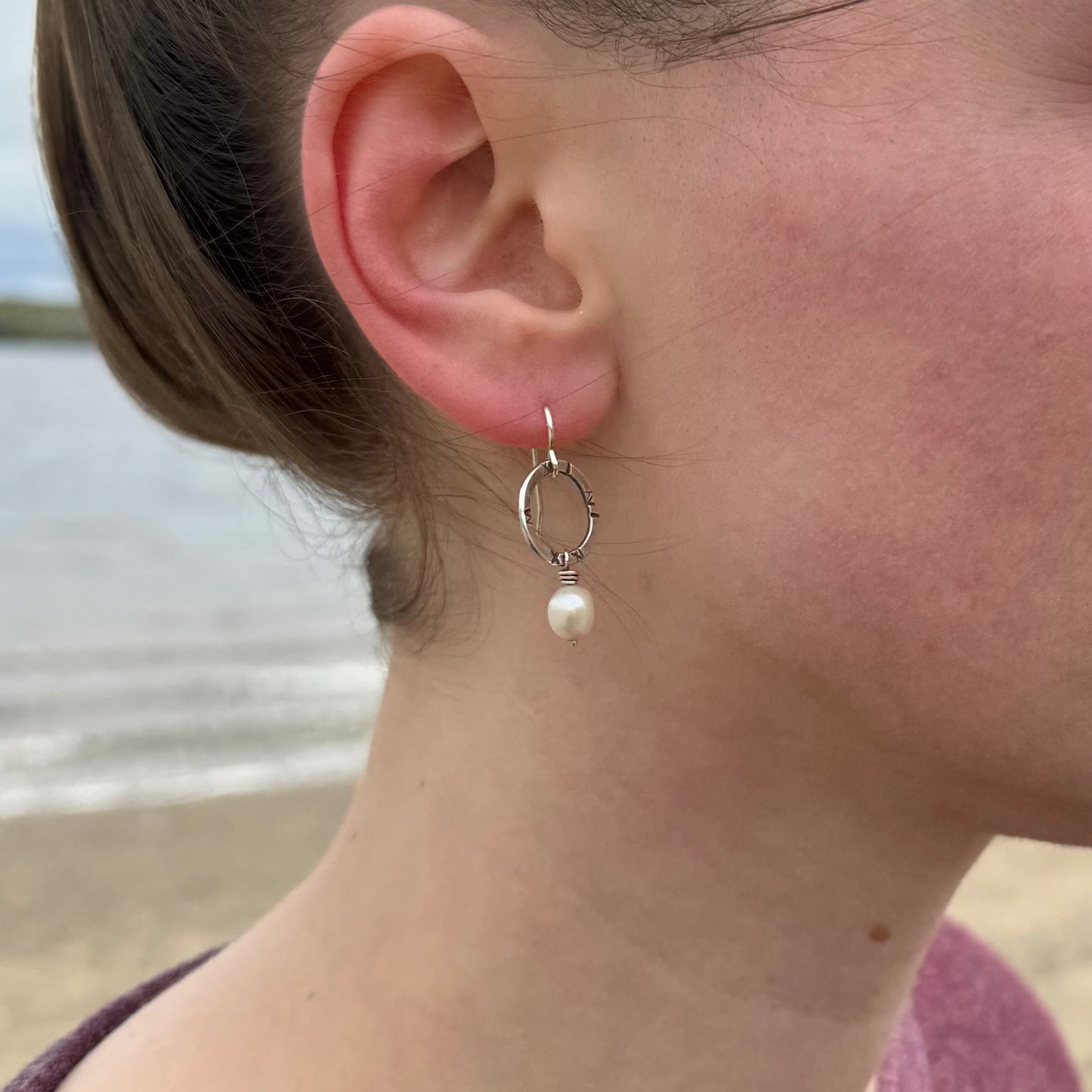 Small textured silver hoops with freshwater pearls