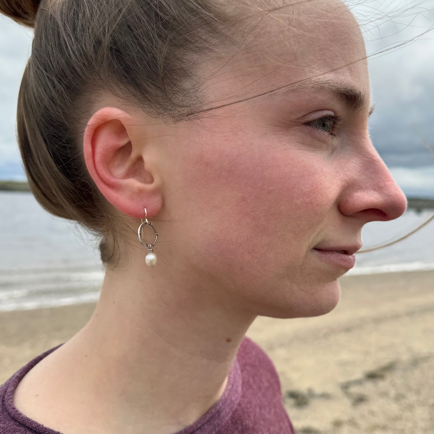 Small textured silver hoops with freshwater pearls