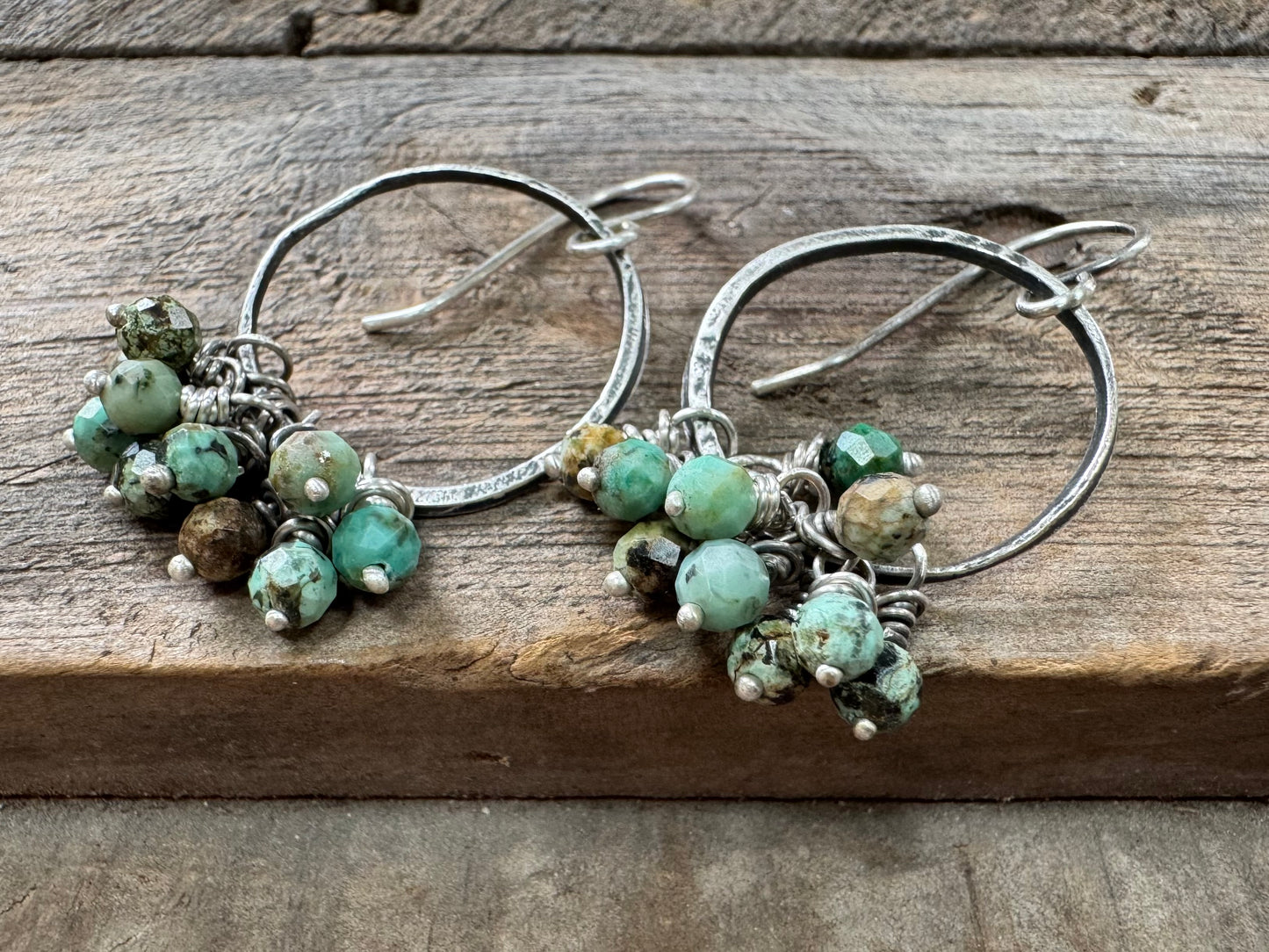 Rustic silver hoops with African turquoise bead cluster