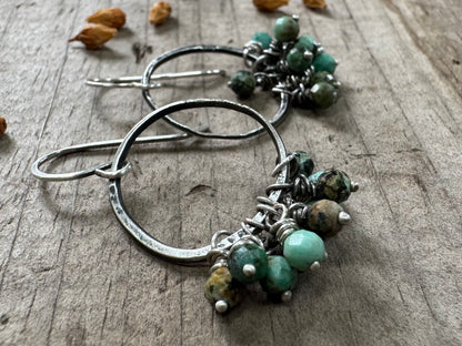 Rustic silver hoops with African turquoise bead cluster