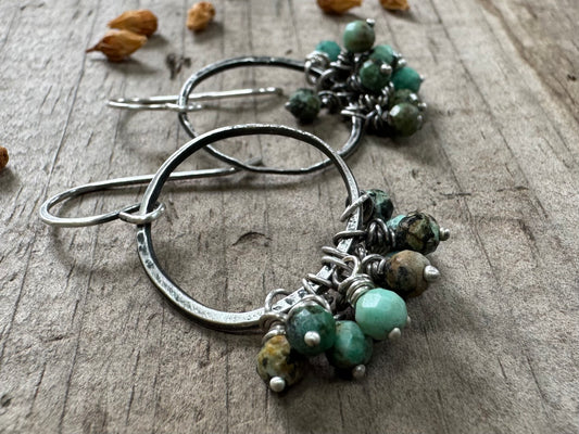 Rustic silver hoops with African turquoise bead cluster
