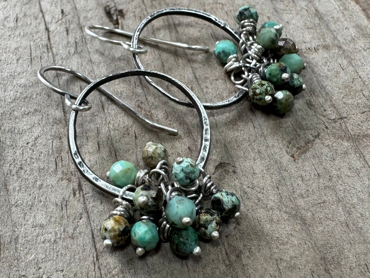Rustic silver hoops with African turquoise bead cluster